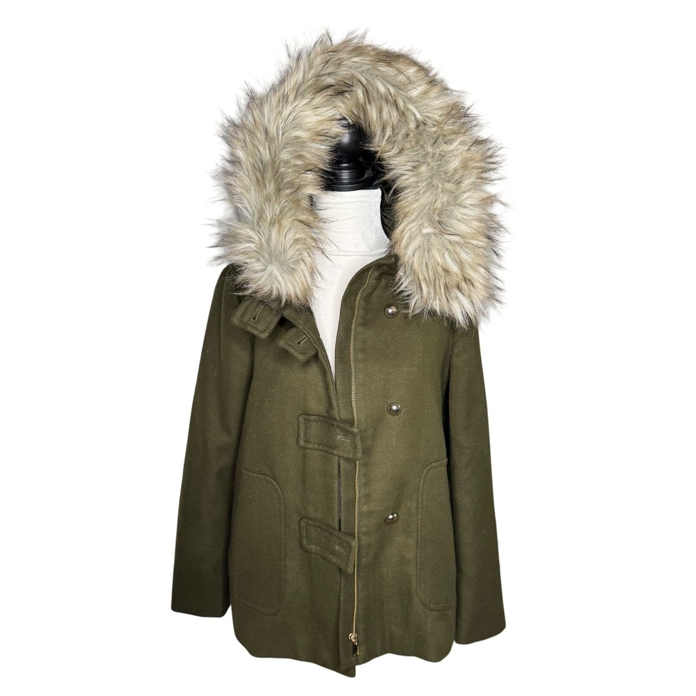 ZARA Olive‎ Green Faux Fur Hooded Wool Blend Duffle Coat Women's Small